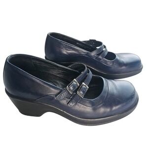 Dansko Navy Blue Leather Double Buckle Mary Jane Clogs Shoes 38 Preppy Career